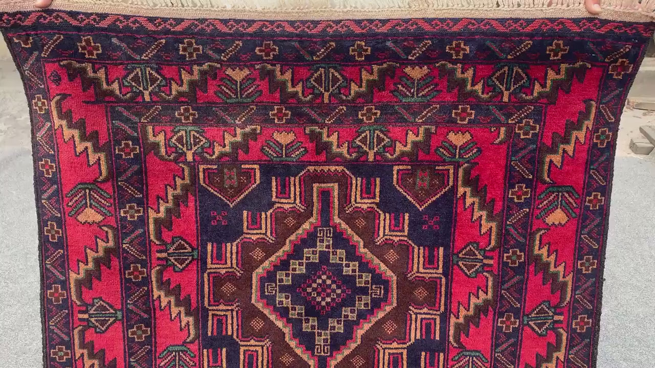 Famous Herati Baluchi Rug, Handmade Wool Rug, Vintage Afghan Rug Geometric Area Rug, Red Navy Blue Brown Rug. Living Room Bedroom Rug 4x6 ft