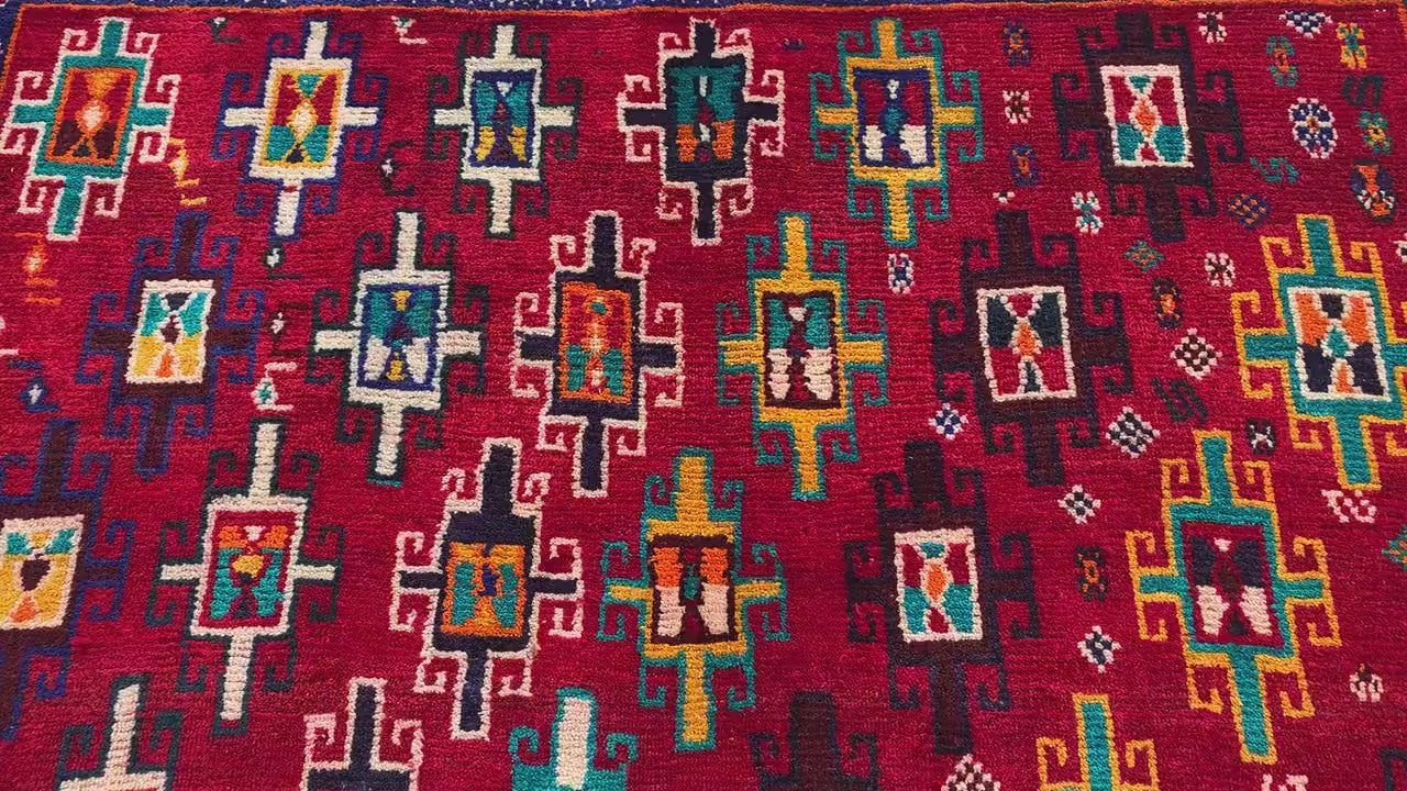 Vintage Red Rug 4x6 ft Handmade Afghan Wool Rug, Tribal Turkmen Rug Multi colors Rug, Collectors piece Rug Oriental Antique Rug Bedroom Rug.