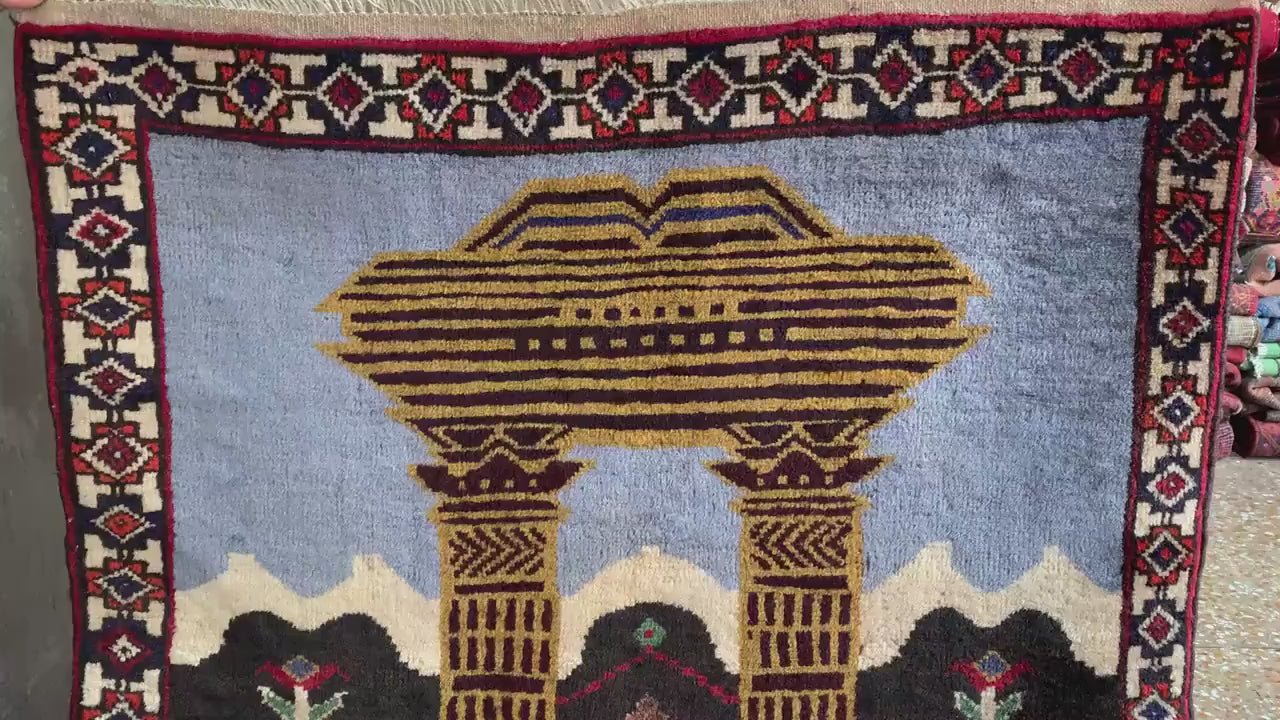 Small Vintage Pictorial Rug, Afghan Handmade Wool Rug, Oriental Wool Rug, One of a kind Rug, Best for Wall Hanging Hallway Rug, 2.6 x 3.8 Ft
