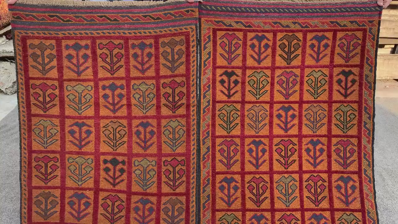 Set of 2 Piece Rug, 3x12 Ft Runner kilim Rug, Afghan Nokar Runner Rug, Handmade Wool Rug, Checkered design Rug, Bedroom Hallway Runner Rug.
