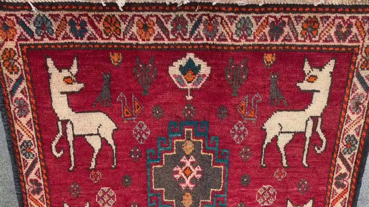 2x4 Ft One of a kind Vintage Rug, Afghan Hand Knotted Rug, Pictorial Animal Rug, Red Rug Oriental Wool Rug, Rugs for Bedroom Hallway Rug etc