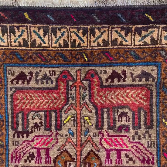 Amazing Pictorial Rug 3x5 Ft Natural Handmade Afghan Rug, Good Pile Rug, Vintage Oriental Wool Rug, Best for Kids Room Rug, Bedroom Rug etc.
