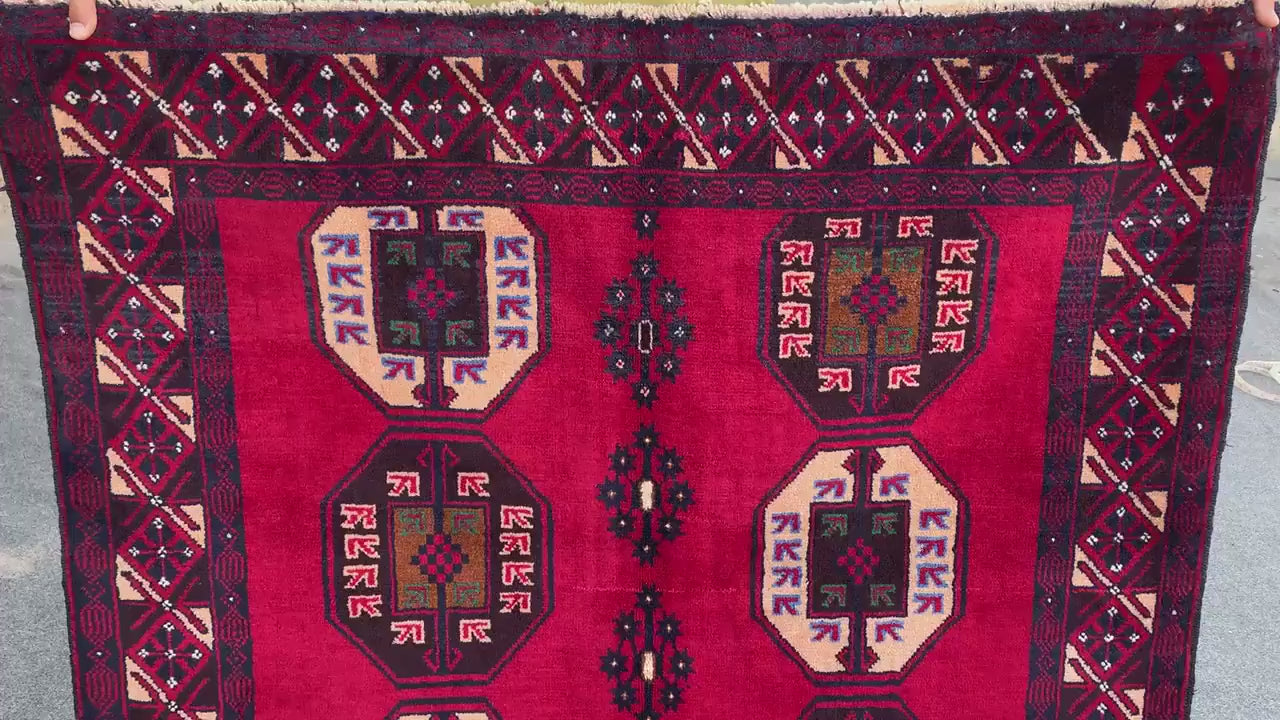 4x6 Ft Red Vintage Rug, Hand Knotted Afghan Wool Rug, Herati Baluchi Rug, Tribal Rug, Oriental Rug, Home Decor Rug, Bedroom Rug Hallway Rug.