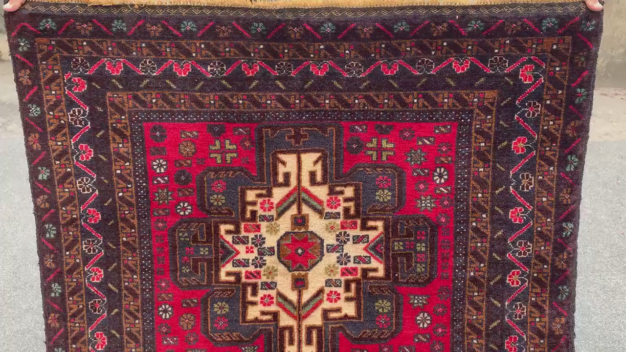 Vintage Herati Baluchi Rug, Handmade Wool Rug, Geometric Area Rug, Red Navy Blue Afghan Rug. Home Decor Rug, Living Room Bedroom Rug 4x6 ft
