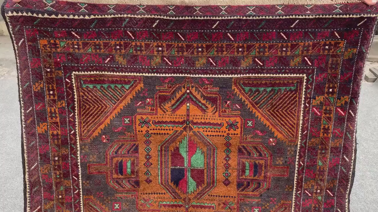 Vintage Geometric Rug, Famous Herati Baluchi Rug Afghan Hand Knotted Wool Rug, Black Dark Gold Rug Oriental Rug, Living Room Bedroom Rug 4x6