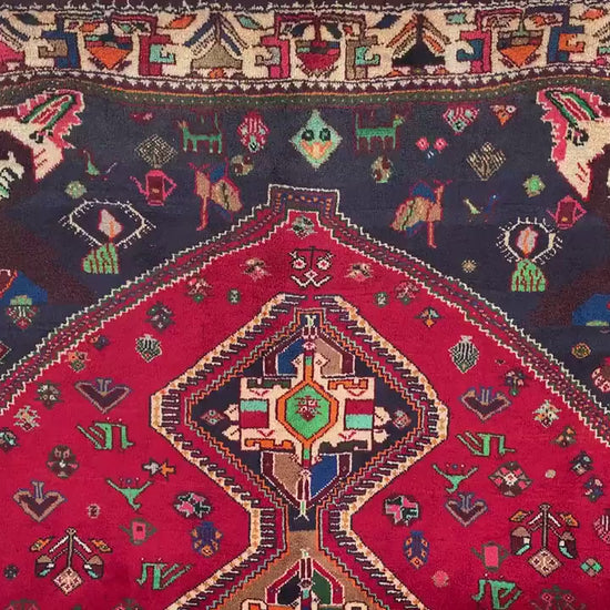 Amazing Vintage Pictorial Rug 7x11 Ft Afghan Hand Knotted Wool Rug, Caucasian design Rug, Red Navy Blue Rug, Good Pile Rug, Living Room Rug.