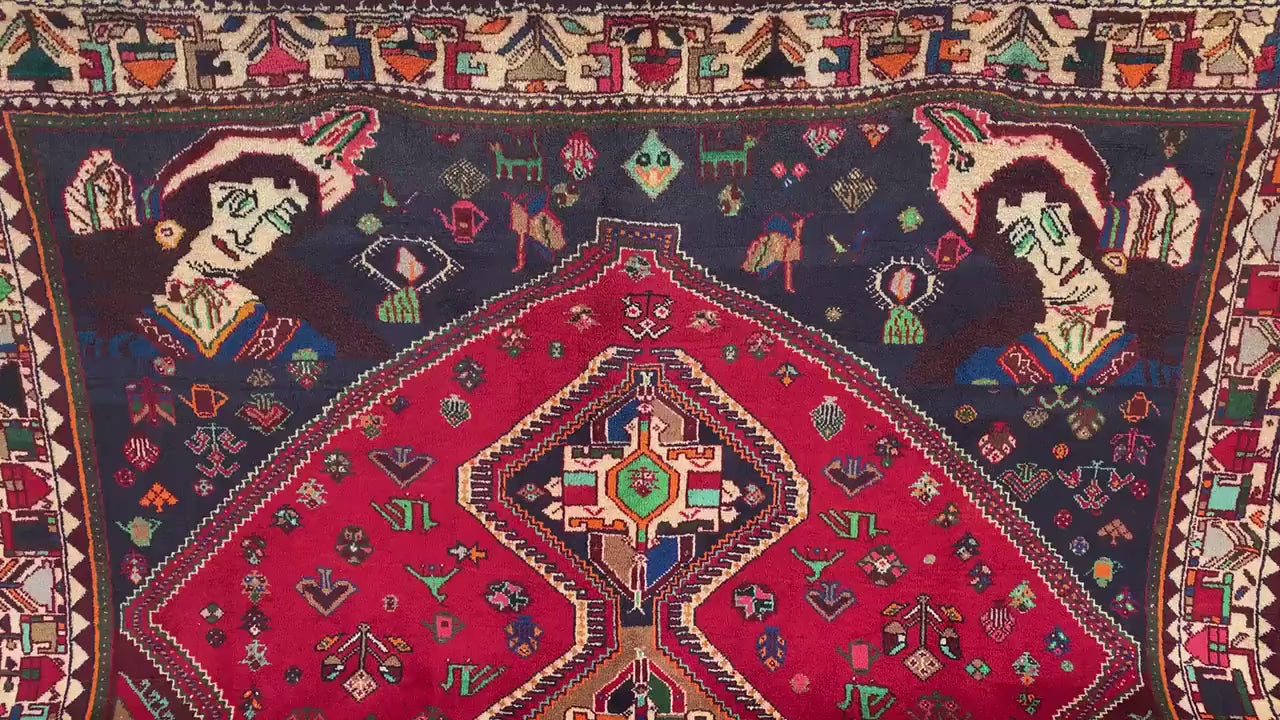 Amazing Vintage Pictorial Rug 7x11 Ft Afghan Hand Knotted Wool Rug, Caucasian design Rug, Red Navy Blue Rug, Good Pile Rug, Living Room Rug.