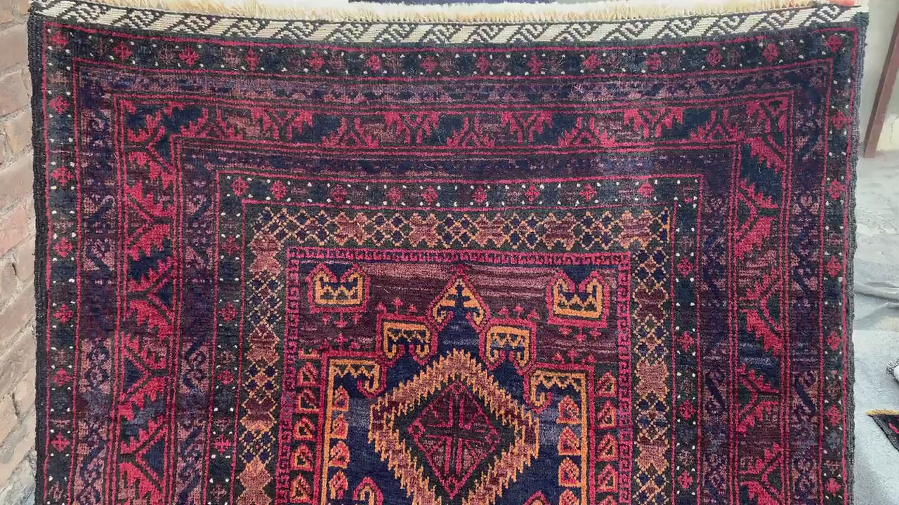 4x6 Vintage Rug, Natural Hand Knotted Afghan Wool Rug, Herati Baluchi Rug, Geometric Area Rug, Oriental Tribal Rug, Bedroom Rug Hallway Rug.