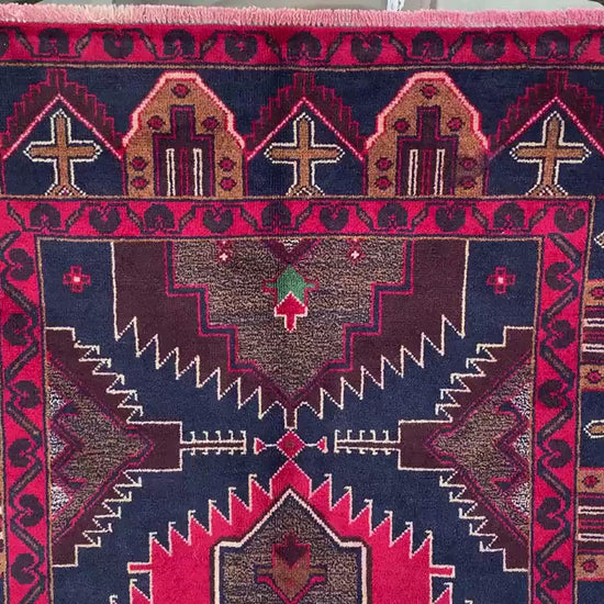 3x7 Ft Vintage Afghan Rug, Natural Hand Knotted Wool Rug, Navy Blue Red Rug, Geometric Area Rug, Oriental Rug, Rugs for Bedroom Hallway Rug.