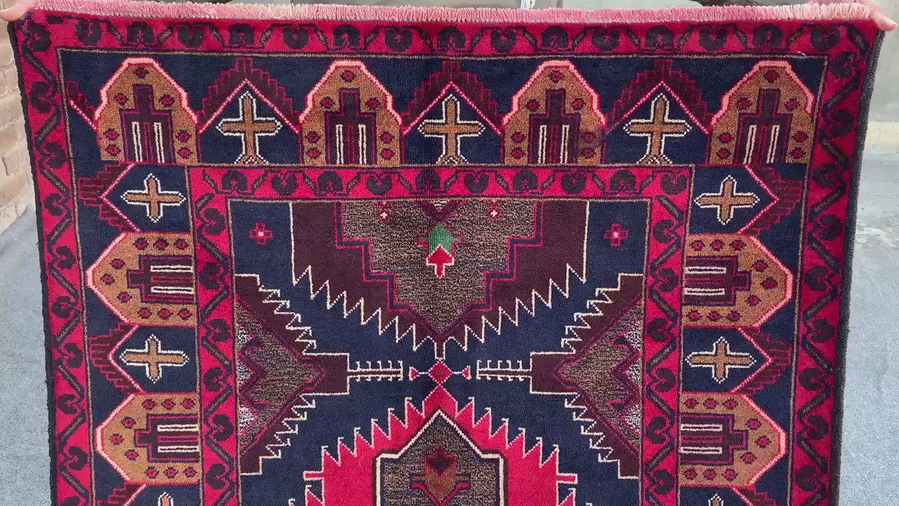 3x7 Ft Vintage Afghan Rug, Natural Hand Knotted Wool Rug, Navy Blue Red Rug, Geometric Area Rug, Oriental Rug, Rugs for Bedroom Hallway Rug.