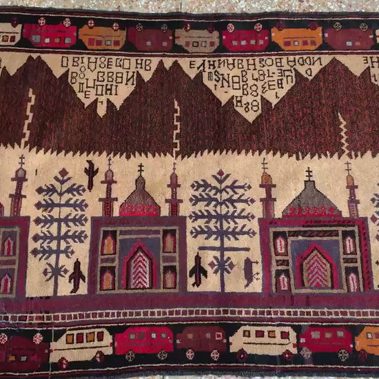 3x5 Ft Vintage Pictorial Baluchi Rug, Afghan Hand Knotted Rug, Oriental Wool Rug, Home Decor Rug, Best for Kids Room Rug, Bedroom Office Rug