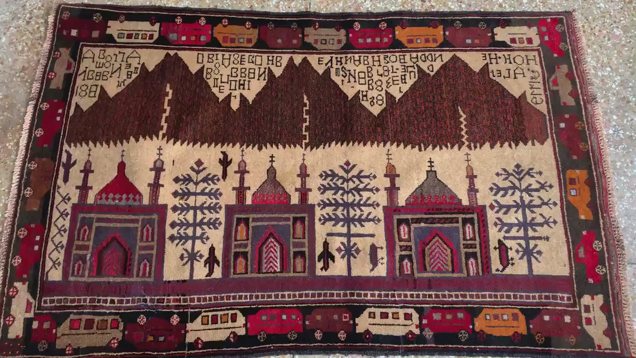 3x5 Ft Vintage Pictorial Baluchi Rug, Afghan Hand Knotted Rug, Oriental Wool Rug, Home Decor Rug, Best for Kids Room Rug, Bedroom Office Rug