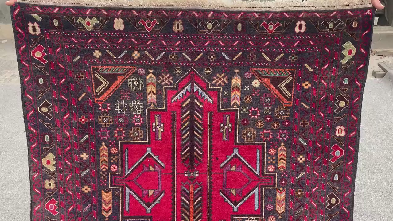 Vintage Baluchi Rug 4x6 ft Hand Knotted Wool Rug. Geometric Area Rug, Afghan Tribal Rug, One of a kind Herati Rug, Living Room Bedroom Rug.