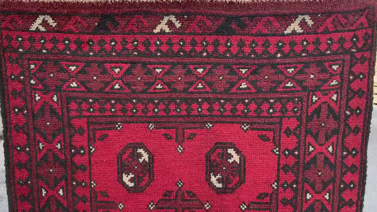 3x9 Red Aqcha Runner Rug Handmade Afghan Rug, Mowri design Aqcha Rug, Oriental Wool Rug High Pile Rug Hallway Runner Rug Kitchen Runner Rug.