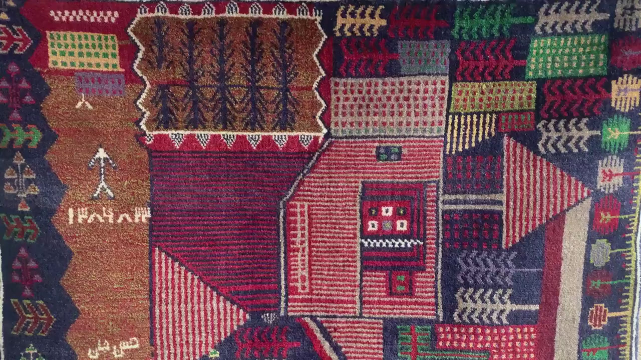 3x4 Ft Vintage Pictorial Rug, Afghan Handmade Rug, Baluchi Oriental Wool Rug, Tree design Rug, Home Decor Rug, Hallway Kitchen Bedroom Rug.