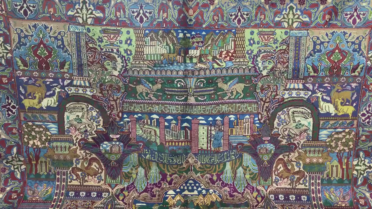 9x12 Ft Antique Pictorial Animal Rug, Hand knotted Vintage Wool Rug, Home decor Rug, Afghan Oriental Rug, Dining Table Rug, Living Room Rug.