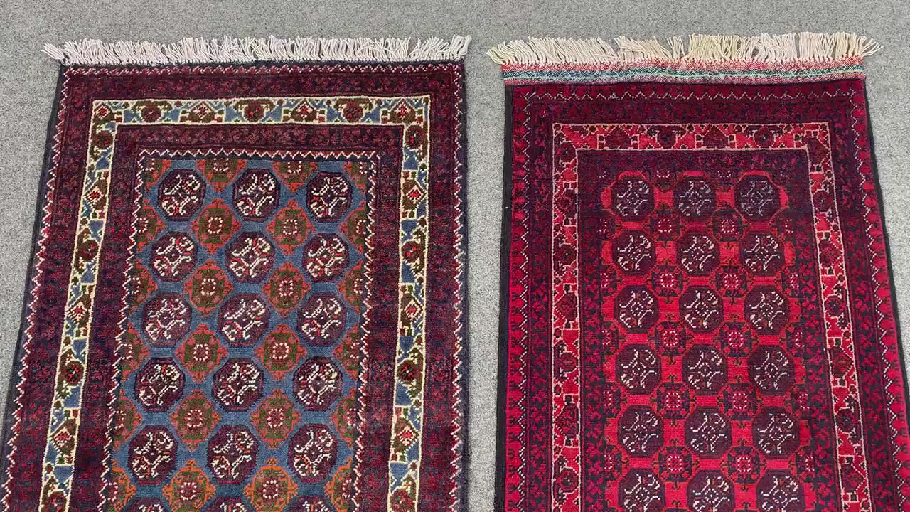 2x3 Ft Small Afghan Rug, Hand knotted Wool Rug, Khoja Roshni Rug Red Blue Rug, Small 2 Piece Rug, Oriental Rug, Rugs for Kitchen Hallway Rug