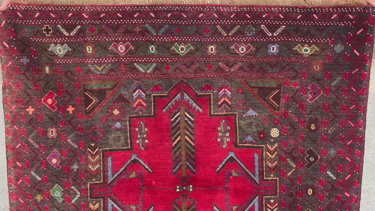 Afghan Baluchi Rug 4x6 ft Herati Hand Knotted Rug, Vintage Famous Baluchi Rug, Geometric Oriental Wool Rug, Living Room Rug, Home Decor Rug.