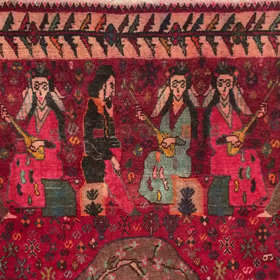 3x5 Ft Antique Pictorial Red Rug, Hand Knotted Vintage Rug, Oriental Afghan Wool Rug, Good Pile Rug Wall Decor Rug, Best for Living Room Rug