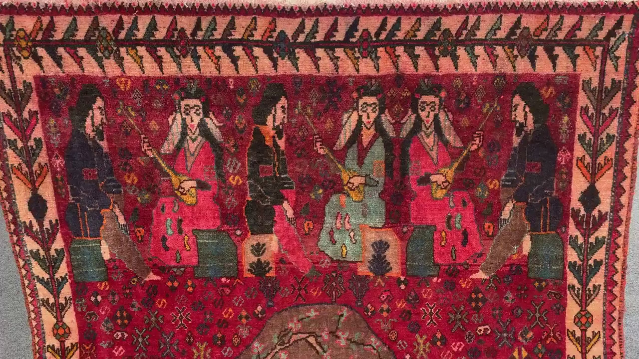 3x5 Ft Antique Pictorial Red Rug, Hand Knotted Vintage Rug, Oriental Afghan Wool Rug, Good Pile Rug Wall Decor Rug, Best for Living Room Rug