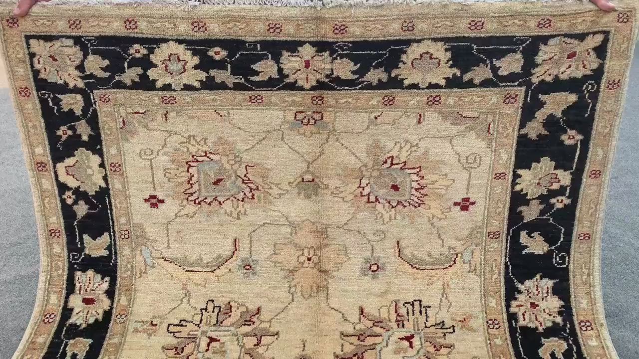 Beige Black Afghan Floral Rug, Hand Knotted Wool Area Rug, Traditional Turkmen Rug, Home Decor Rug, Rugs for Bedroom Living Room Rug 4x6 ft