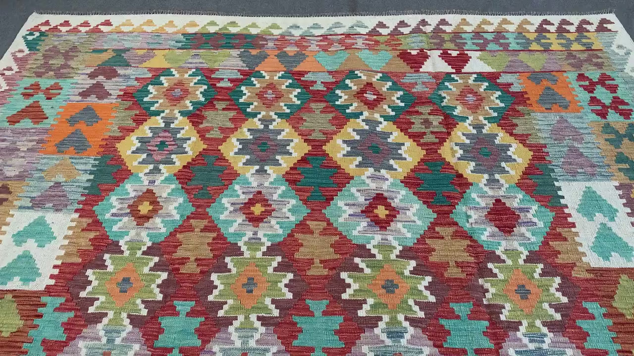 8x9 ft Afghan Chobi Maimana Kilim Handmade Kilim Rug Natural Dyes Wool Rug Flatweave Kilim Rug Living Room Rug Modern Multi color kilim rug.