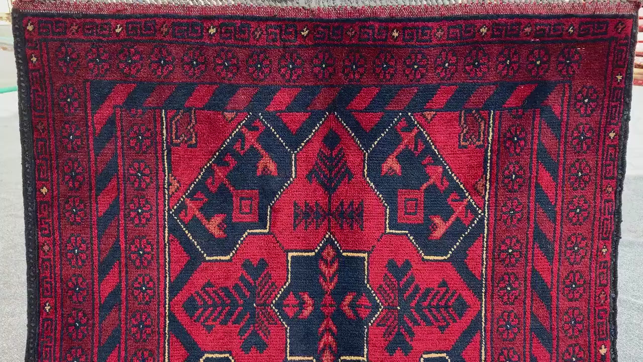 Red Vintage Bukhara Rug 3x4 ft Handmade Afghan Rug Khal Muhammadi design Geometric Rug Tribal Rug Oriental Wool Area Rug Bedroom Kitchen Rug