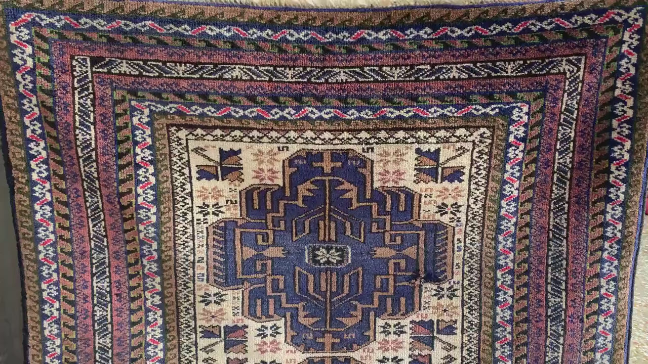 3x4 Ft Vintage Rug, Afghan Hand Knotted Rug, Geometric Area Rug, Baluchi Oriental Wool Rug, Best for Hallway Rug, Good Pile Rug, Bedroom Rug