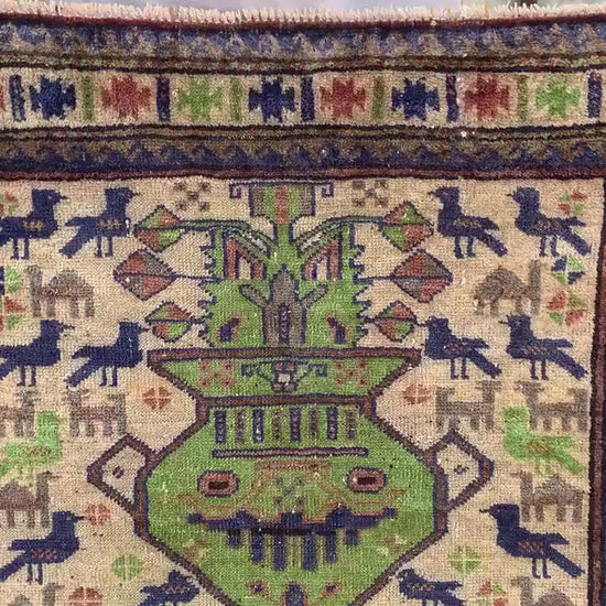 3x5 Ft Vintage Pictorial Rug, Afghan Handmade Rug, Low Pile Rug, Antique Baluchi Rug Oriental Wool Rug, Rugs for Bedroom Kitchen Hallway Rug