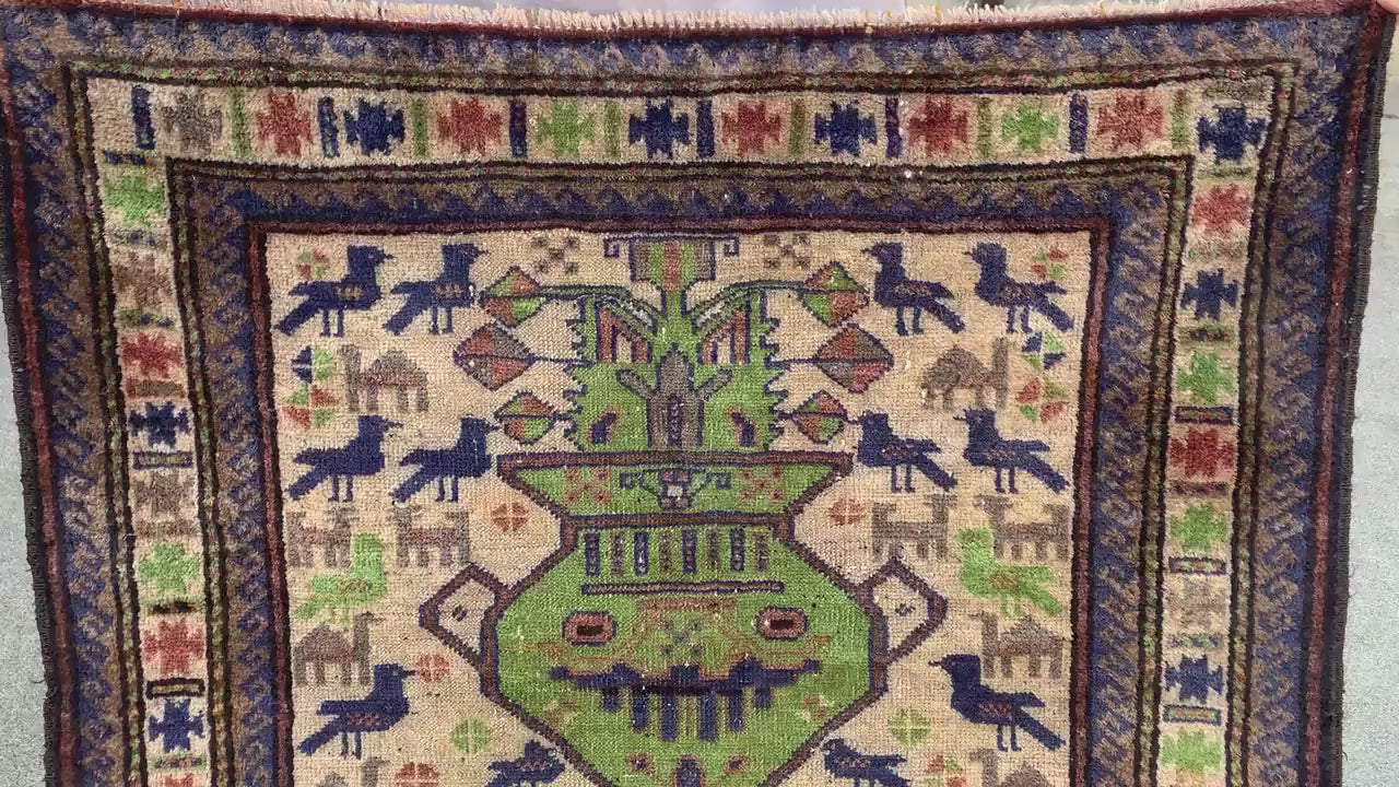 3x5 Ft Vintage Pictorial Rug, Afghan Handmade Rug, Low Pile Rug, Antique Baluchi Rug Oriental Wool Rug, Rugs for Bedroom Kitchen Hallway Rug