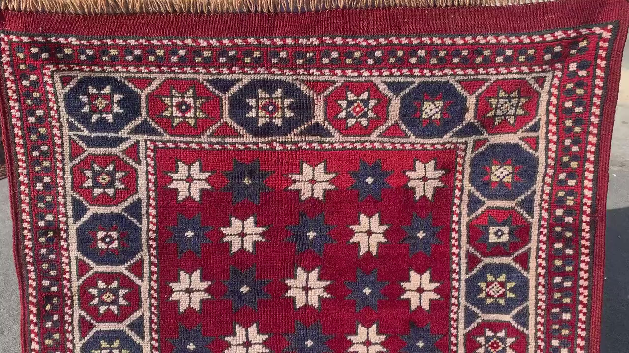 Amazing Vintage Rug 3x4 Ft Afghan Handmade Wool Rug, Red Rug, Oriental Area Rug, Stars design Rug, Rugs for Bedroom Kitchen Hallway Rug etc.