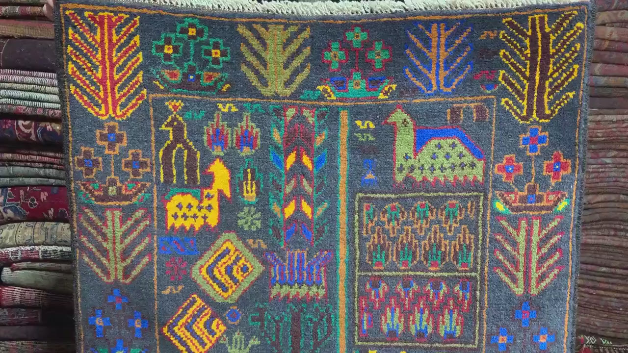 Vintage Herati Baluchi Runner Rug, 3x9 Pictorial Animal Hunting Rug, Afghan Handmade Wool Rug, High Pile Rug 2.4x8.11 ft Hallway Runner Rug.