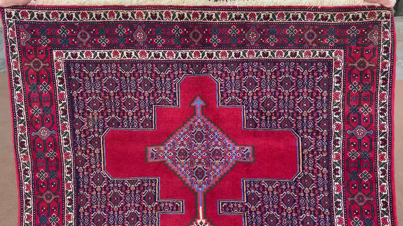 Vintage Heriz Rug 4x6 ft Handmade Red Rug Oriental Wool Rug, Tribal Afghan Rug One of Kind Rug Heriz design Rug, Antique Bedroom Office Rug.